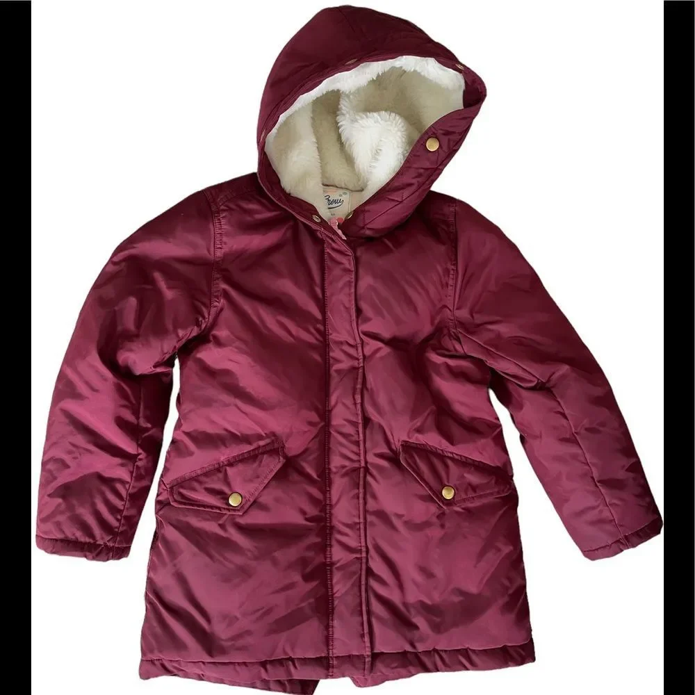 J Crew Crewcuts Girls  burgundy puffer quilted hooded jacket, size 8